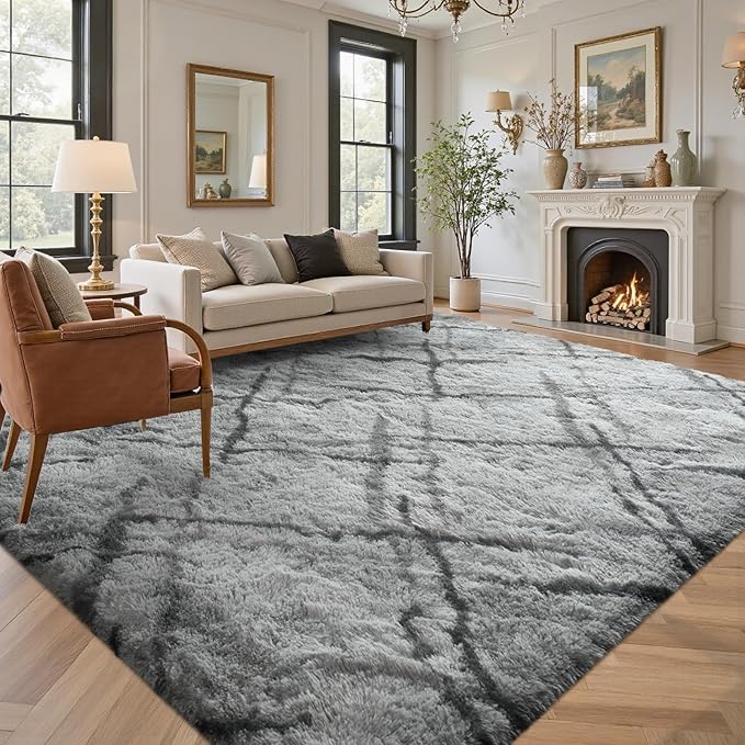 Area Rugs for Living Room 8x10Ft, Soft Fluffy Shagg Plush Bedroom Rug Non-Slip,Large Carpet for Nursery Kids Dorm Home Decor, Grey