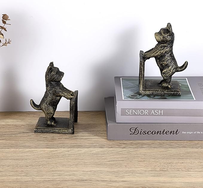 2 Pack Dog Decorative Bookends for Shelf - Cast Iron Book Ends Cute Dog Bookend Support for Home Decor, Heavy Duty Book Stands Vintage Antique Shelf Decor for Reading Enthusiasts or Dog Lovers
