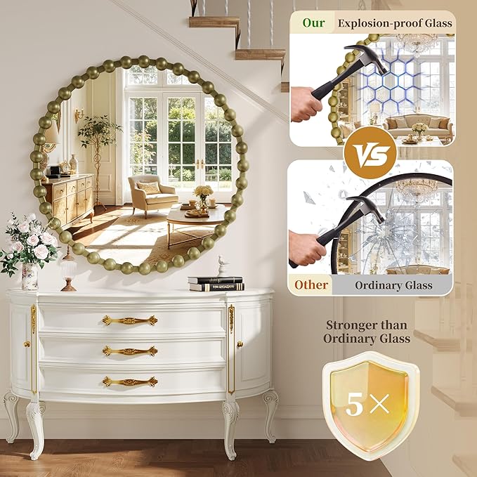 Round Vintage Vanity Mirror, 36 Inch Beaded Frame Circle Wall Mirror for Bathroom, Bedroom Dresser, Entryway, Living Room, Decorative Hanging Wall Mirror, Bronze