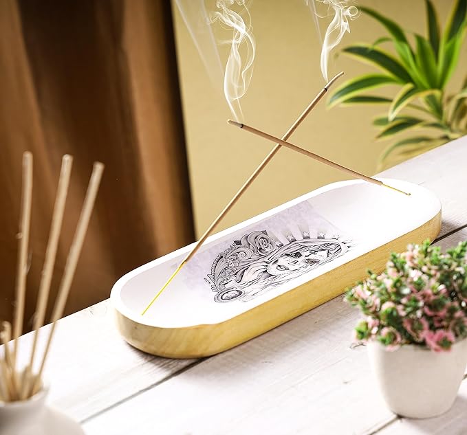 Bless-International Traditional-Handmade-Tray-Burner Wooden-Trat-Incense-Stick-Holder Ash-Catcher-Stand for-Aromatherapy-Meditation-Yoga (Angel Girl, 11x4x1.22 Inches)