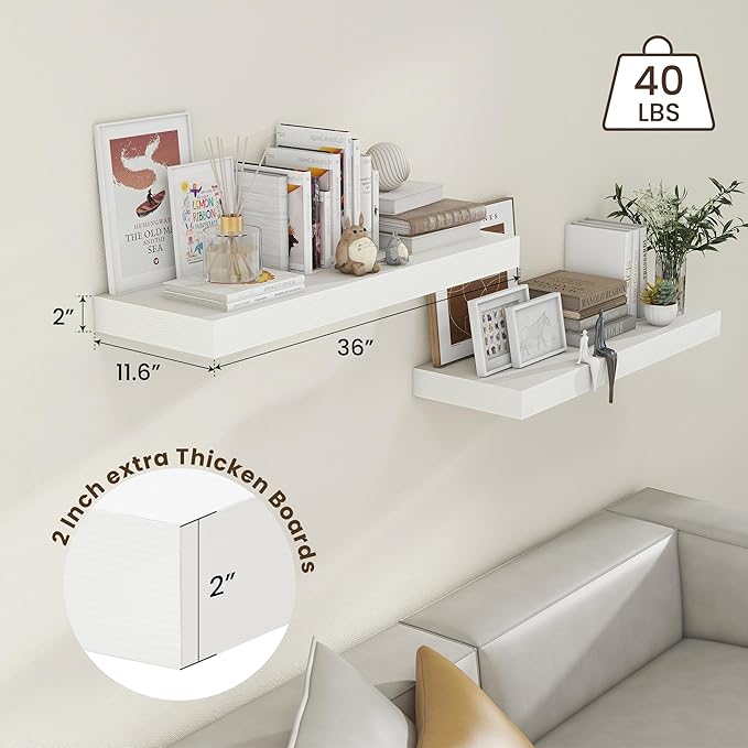 FLYJOE Deep Floating Shelves | 36 Inch White Floating Shelves Set of 2 | 12 Inch Deep Rustic Wood Shelves for Wall | 36" W x 12" D White Shelves for Living Room Bathroom Laundry Room Kitchen