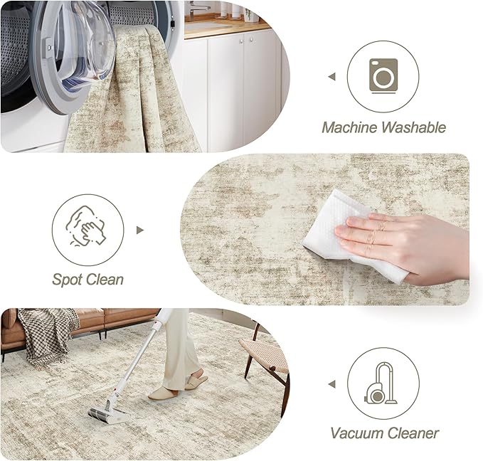 Soalmost 10x14 Area Rugs for Living Room, Non Slip Machine Washable Vintage Carpets, Low Pile Lightweight Large Rug for Bedroom, Dining Room, Home Office Beige Gray