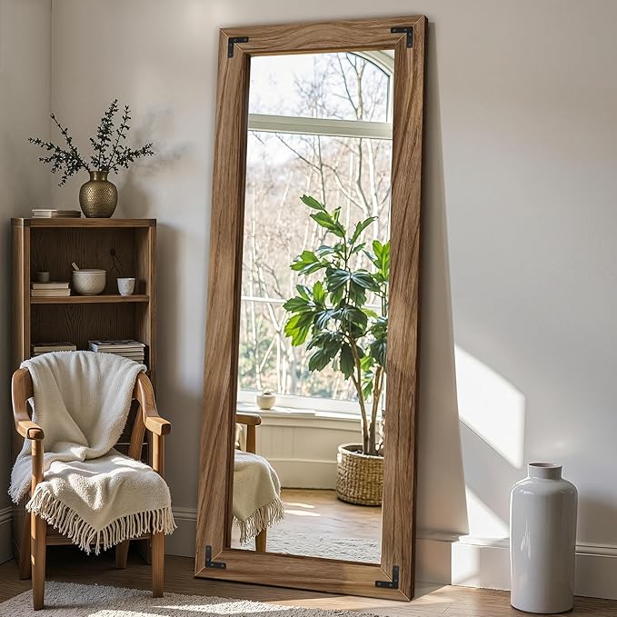 FICTOR Wooden Full Length Mirror, 65"x24" Solid Wood Frame Floor Mirror, for Farmhouse, Bedroom, Living Room, Entryway Decor, Leaning or Hanging