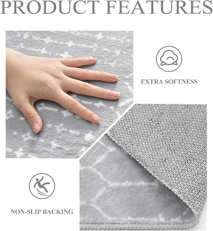 Lahome Moroccan Washable Rug Runner 2x10 Non-Slip Runner Rug for Kitchen Stain Resistant Grey Carpet Runners for Hallway 10Ft, Modern Geometric Print Soft Floor Carpet for Bathroom Entryway Foyer Hana