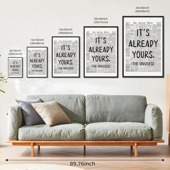 Licpach Retro Black and White Newspaper Wall Art It’s Already Yours – The Universe Positive Quote Poster Inspirational Canvas Print Motivational Wall Decor for Office Bedroom 8x12inch Black Frame