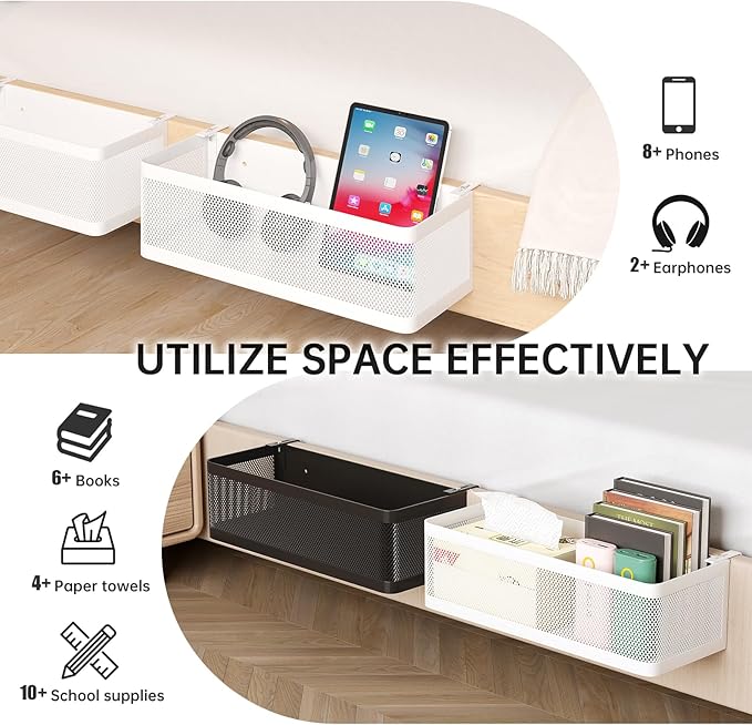 Bedside Caddy Shelf for Bunk Bed, Office Cubicle Walls, Crib Rails, Dorm Bed College Dorm Room Essentials Bed Shelf for Cell Phone Headphone Magazine Snacks(White, L13.78in*W5.12in*H3.94in)