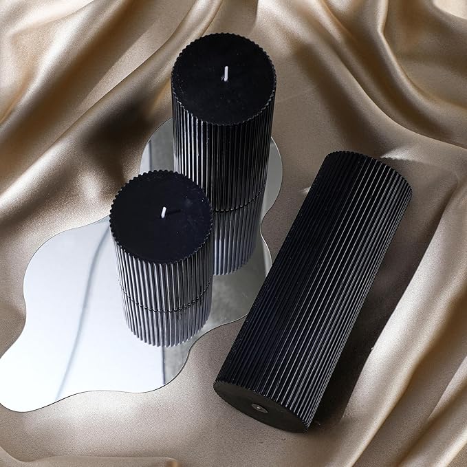 Conelist Ribbed Pillar Candles Set of 3, Width 3" High 4" 6" 8" Large Soy Wax Orchids Scented Pillar Candles Aesthetic Ribbed Modern Home Decor for Bathroom Living Room(Black)