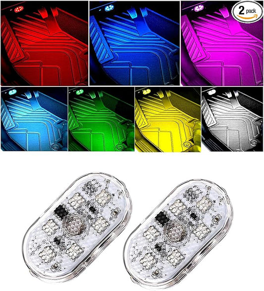 2 PCS Car LED Lights Interior Wireless, Super Bright 7 Colors Auto Interior Ambient Light with 6 Bright LED Lamp Beads, Portable USB Rechargeable Car Led Night Light for Vehicle Decor