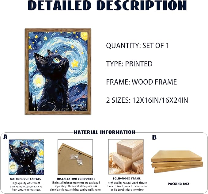 Framed Black Cat Wall Art, Van Gogh Starry Night Canvas Wall Decor, Cute Cat Animal Poster Print Picture, Impressionist Artwork Oil Painting for Bedroom Living Room Nursery 12x16 Inch