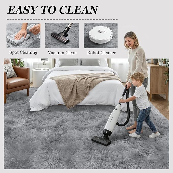 Fluffy Area Rugs 9x12 Living Room Bedroom: Ultra Soft Shag Rug Upgrade Non-Slip Non-Shedding Large Fuzzy Plush Carpet Indoor Floor Carpets for Kids Room Playroom Nursery Dorms Home Decor Light Gray