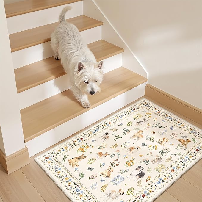 Soalmost 2x3 Dog Rugs for Entryway, Machine Washable Door Mat Animal Floral Small Area Rug Non-Slip Low Pile Soft Throw Rugs for Entrance Kitchen Indoor Front Door Kids Room (2 x 3,Beige)