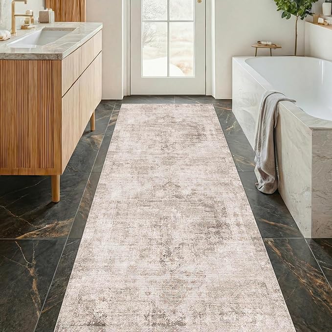 Beige Brown 2'6''x8' Bathroom Runner Rug, Washable Non-Slip 8ft Long Hallway Runner Rug for Entryway, Kitchen, Abstract Modern Home Décor
