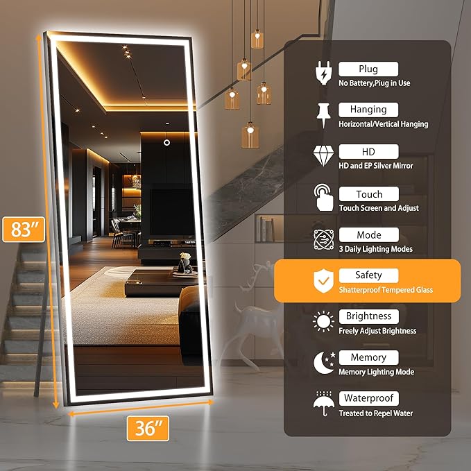 Hasipu Full Length Mirror with Lights, 83" x 36" LED Lighted Floor Standing, Full Body Dressing Hanging Mounted Mirror, Tempered Glass, Square Black