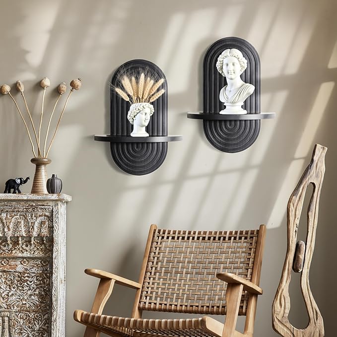 Heiple Set of 2 Boho Arched Floating Shelves 15.7”x 7.8”3D Wooden Hanging Shelf for Living Room Bedroom Nursery Mid Century Modern Wall Decor(Black, 11.7 * 15.7)