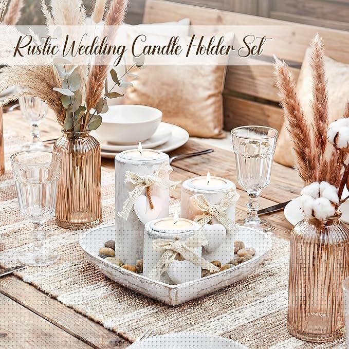 Farmhouse Candle Holders 3 Pack Rustic Wooden Pillar Candle Holder with Heart Tray and Stones Tealight Candles Holders Centerpiece for Wedding Coffee Table Mothers Day Valentines Home Decor