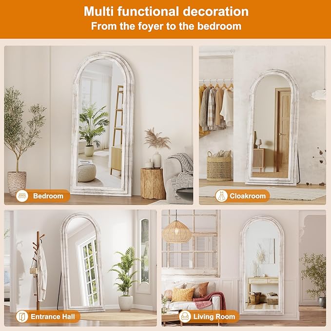 ZHUNFA External Three-Layer Arched Full Length Mirror with Solid Wood Frame,71x32 Modern Farmhouse Decor Standing Mirror Full Length,Wall Mounted,Leaning,Standing for Bedroom,Living Room,White.