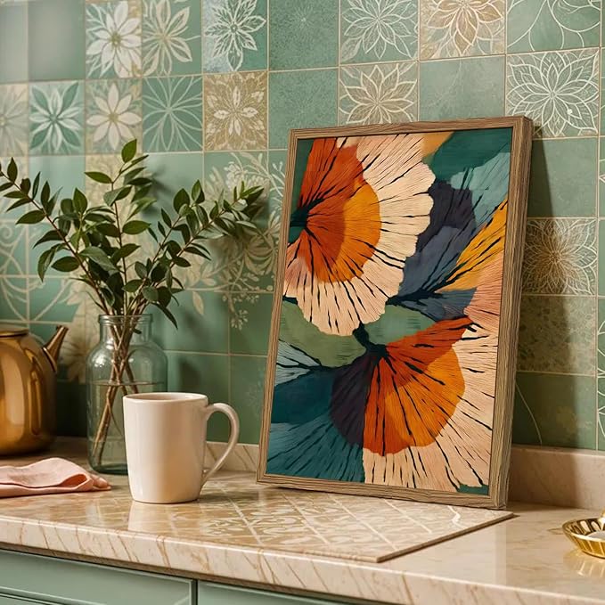 Framed Abstract Floral Wall Art, Boho Vintage Flower Pictures Wall Decor, Mid Century Modern Botanical Paintings Canvas Prints for Living Room Bedroom Office 12x16 inch