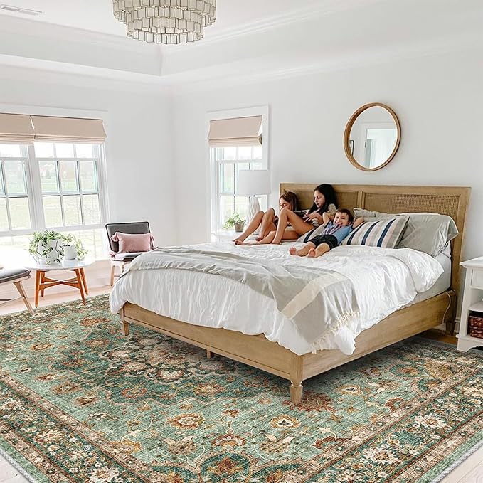 TOPRUUG Washable Oriental Area Rug - 10x12 Rugs for Living Room Soft Carpet for Bedroom Waterproof Floral Distressed Indoor Stain Resistant Non-Shedding Floor Carpets (Green, 10x12)