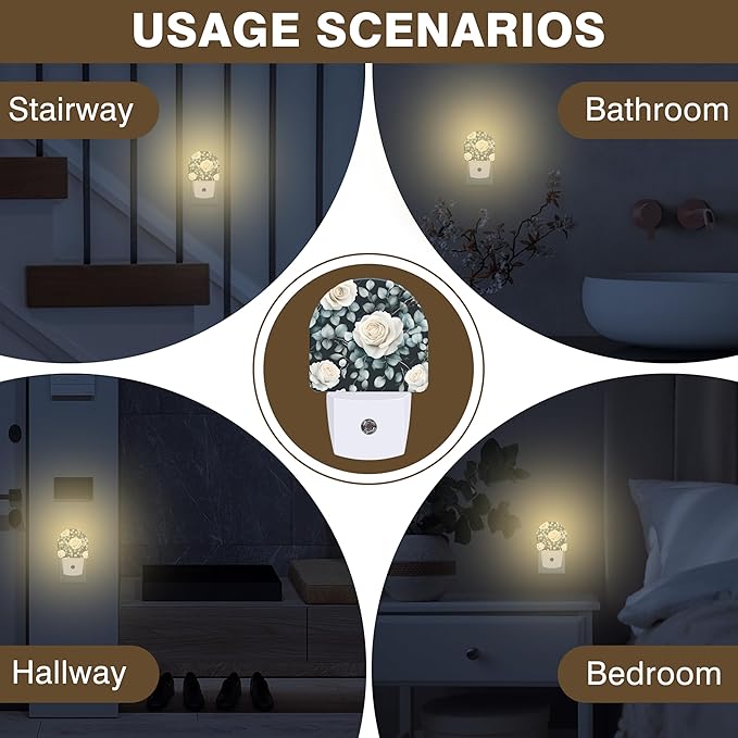 Night Light, Vintage White Rose Flower Night Lights Plug into Wall Dusk to Dawn Sensor Round Nightlight for Women Men Energy Efficient Led Lamp 0.5W for Stairway Hallway Bedroom
