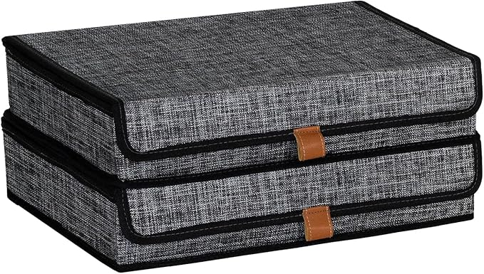 Photo Storage Boxes with Lids, Memory Box for Keepsakes, Picture Organizer Versatile Linen Containers Basket Collapsible Bin for Organizing Home Office, 2 Pack, 14x10.8x2.5 Inch, Black