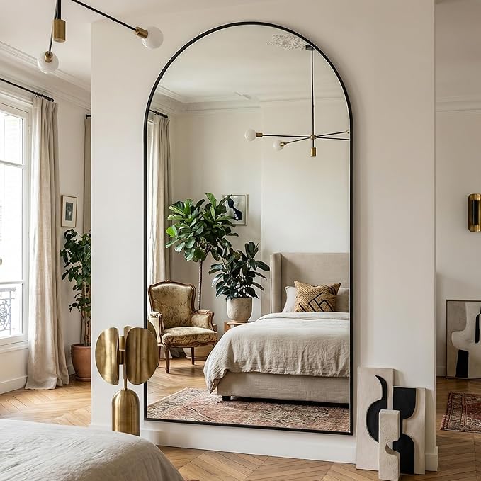 Suidia 88"x44" Arched Full Length Mirror with Stand, Full Body Mirror with Aluminum Frame, Freestanding/Leaning/Wall-Mounted, Floor Mirrors for Bedroom, Living Room, Entryway, Dressing Room, Black