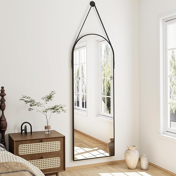 Full Length Mirror, Arched Wall Mounted Mirror, 48"x16" Door Mirrors with Hanging Leather Strap, Wall Mirrors Full Length with Aluminum Frame for Bathroom Living Room Entryway (Black)