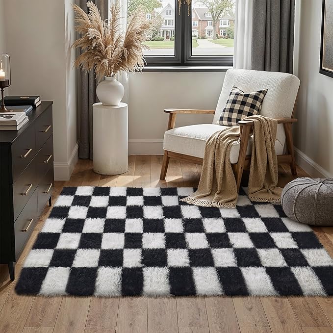 PureCozy Checkered Rug 3x5 for Playroom, Black and White Shag Rugs Super Soft Washable Fluffy Carpet Indoor Fuzzy for Bedroom Home Dorm Aesthetic Decor