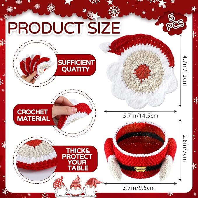 5 Pcs Christmas Crochet Coaster Gift Set Santa Claus Coaster with Body Storage Basket Xmas Handmade Present Woven Cup Mats Kit for Christmas Party Gifts Holiday Kitchen Office Home Decor