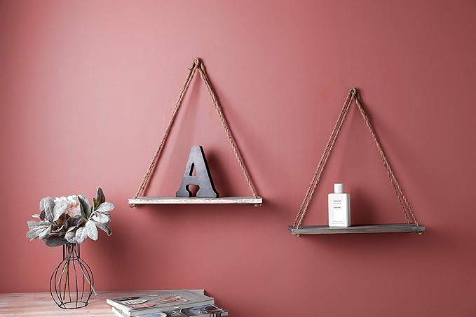 17 x 5 inch Wall Hanging Floating Shelves, Distressed Wood Farmhouse Organizer, Rustic Home Décor for Living Room Bathroom Bedroom Kitchen Apartment, Set of 3, Grey