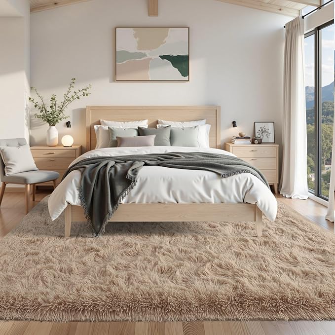 5x8 Living Room Rugs Fluffy Neutral Beige Area Rug,Modern Plush Non-Slip Soft Bedroom Shag Carpet for Book Room Office,Coffee Stain Resistant