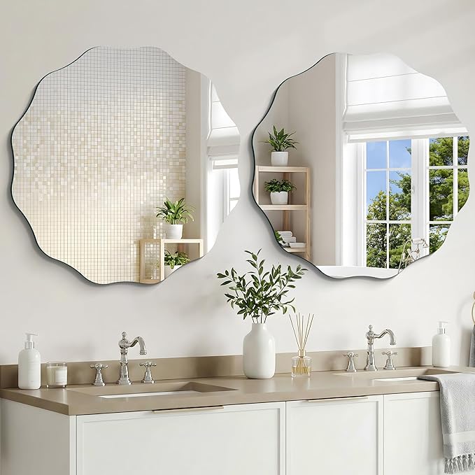 CILIBER Frameless Wavy Round Mirror, 30'' Scalloped Circle Wall Mirror, 3mm Tempered Glass Decorative Bathroom Vanity Mirror, Mounting/Leaning for Mantel, Living Room, Bedroom and Entryway