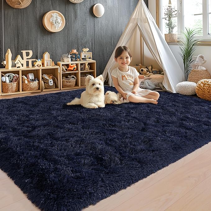 8x10 Area Rugs for Living Room, Ultra Soft Fluffy Large Shaggy Rug Carpet for Bedroom, Non-Slip Fuzzy Plush Rugs for Nursery Boys Girls Kids Room Modern Indoor Home Decor, Dark Blue