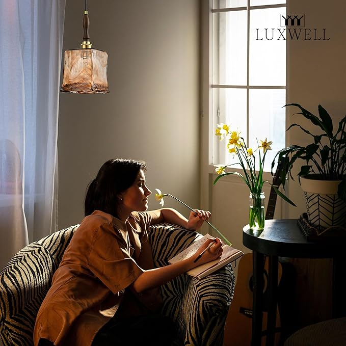 Modern Amber Glass Pendant Light, 5.25"x11.7" Elongated Hanging Fixture with Wood Grip & Brass Accent, 15"-72" Adjustable Line, E26 Socket – Golden Amber Rectangular