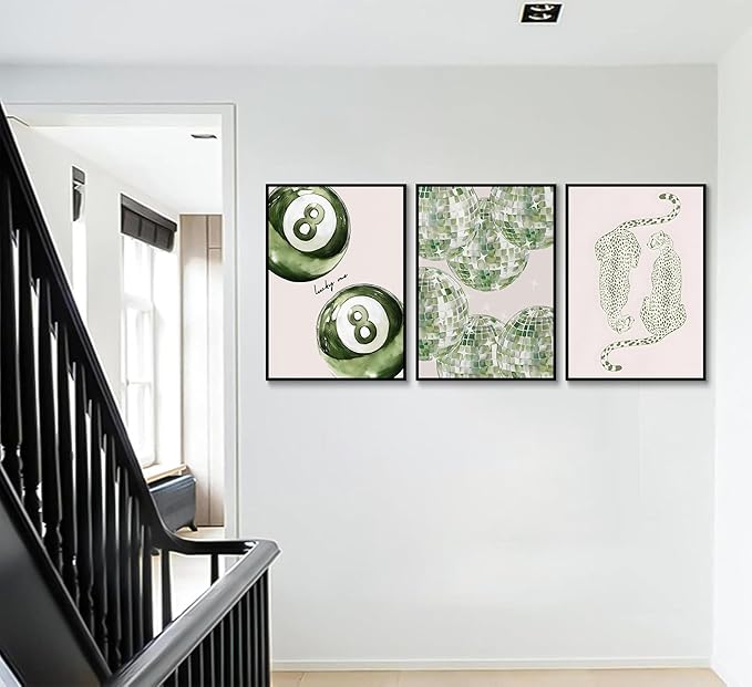 3Pcs Trendy Leopard Disco Ball Canvas Wall Art Sage Green Lucky Poster Prints Preppy Ace Cards Wall Decor pictures for Girly Bedroom Apartment Dorm Decoration Unframed