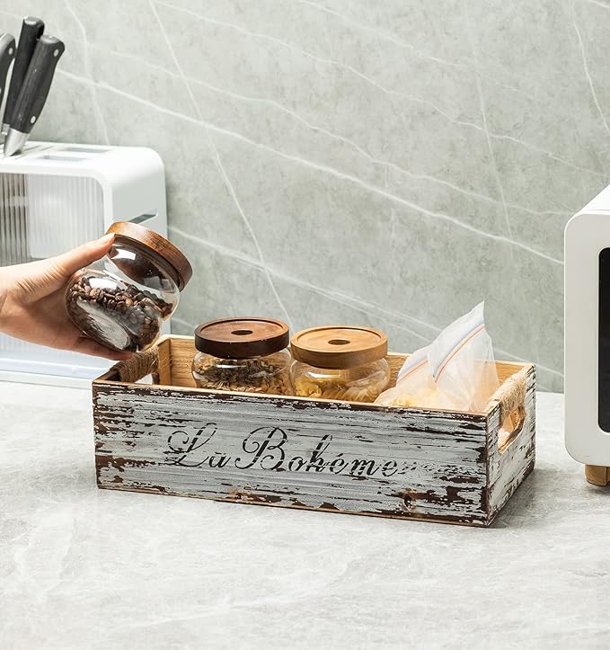 TIMRIS Farmhouse Distressed Wooden Storage Box, Rustic Bathroom Decor Box, Decorative Toilet Tank Basket, Vintage Countertop Organizer Box with Handles (Distressed White)