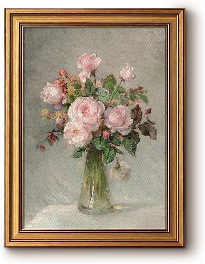 Bzstyleart Vintage Wall Art Decor Bedroom, Framed Canvas Wall Art, Flower Painting Canvas Picture Print Home Decor Aesthetic, Rose Flower Artwork for Living Room Kitchen, Pink Rose, 12 x 16 Inch