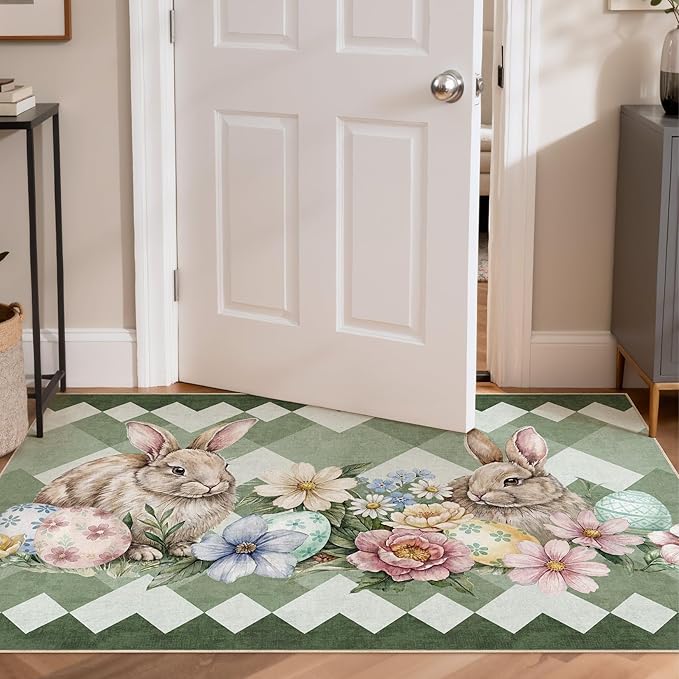 cotiled Area Rug for Living Room, Washable Non-Slip Large Area Rug, Indoor Floor Carpet Low Pile Soft Boho Farmhouse Rug for Bedroom Dining Room Green 3x5