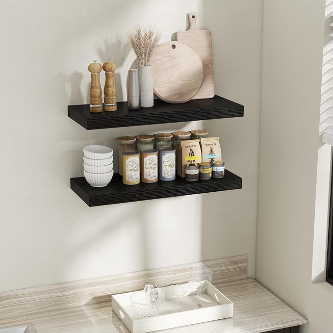 Fun Memories 30 Inch Black Floating Shelves for Wall, 12 Inch Deep Shelves for Bathroom|Kitchen|Bedroom, Wall Mounted Rustic Wood Floating Shelf with Invisible Brackets for Books|Storage|Decor, 2 Pack