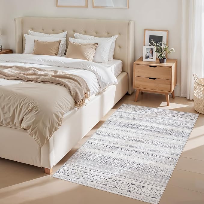cotiled 3x5 Area Rug Living Room: Washable Boho Rugs with Non Slip Backing Small Soft Indoor Stain Resistant Carpet for Bedroom Farmhouse Dining Room Lightweight Home Decor Dark Grey