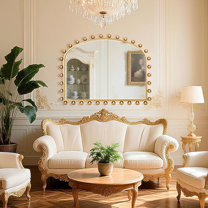 36"x28" Wide Arched Wall Mirror, Antique Gold Ball Frame with Beveled Glass, Large Horizontal Mantel Piece Over Fireplace or Above Sofa, Statement Metal Frame for Living Room