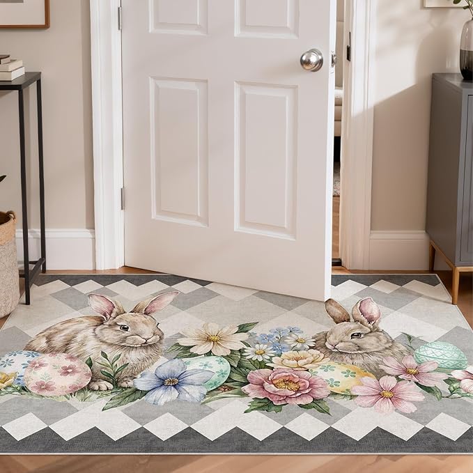cotiled Area Rug for Living Room, Washable Non-Slip Large Area Rug, Indoor Floor Carpet Low Pile Soft Boho Farmhouse Rug for Bedroom Dining Room Grey 3x5