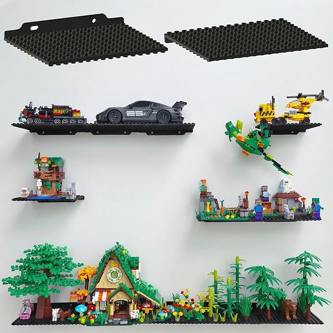 LRANFOW 2 Pack Wall Display Shelves with Dual Sided 16x13 Building Studs, 4x5 Inch Building Plate Compatible with Lego Building Bricks for Organized Storage & Modern Room Deco Builders Gift
