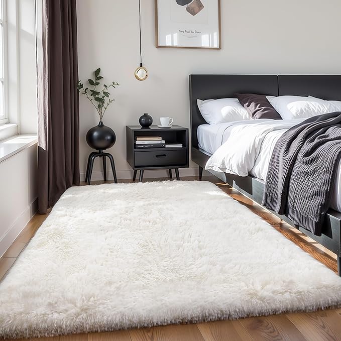 KICHOWUA Thick Area Rug 5x8 Cream White Fluffy Shag for Bedroom, Washable Fuzzy Rug for Living Room, Modern Soft Shaggy Furry Plush Thickened Carpet for Kids Boys Girls Dorm Room Nursery, Ivory