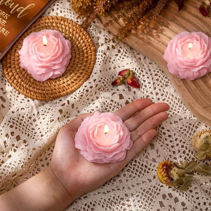 Roowest 3 Pcs Flower Shape Trendy Candles Floral Shaped Aesthetic Candle Soy Wax Handmade Minimalism Decorative for Home Spa Yoga Decor Art Gift(Pink)