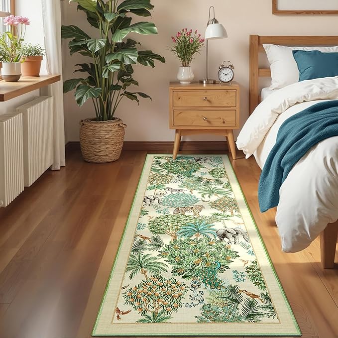 GarveeHome Jungle Rug 2.5x10 Kitchen Runner Rug Non Slip Washable Runners for Hallways, Animal Print Runner Rugs with Rubber Backing Low-Pile Forest Long Carpet for Bedroom Entryway Laundry, Beige