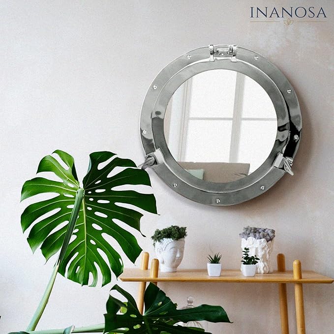 Porthole Mirror - 30 Inch Nickel Silver White Finish | Nautical Wall Décor for Bathroom and Bedroom | Antique Wall Mounted Aluminium and Steel Alloy Vintage Port Hole Window Décor