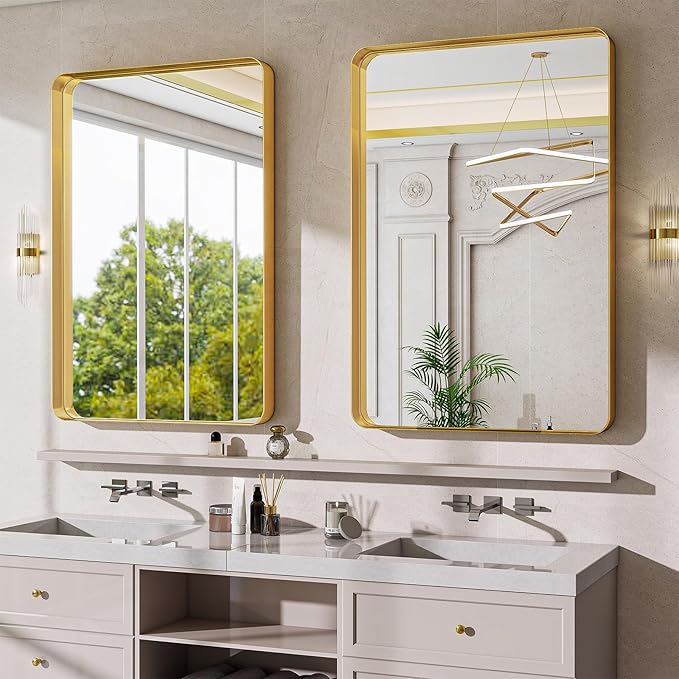 Bathroom Mirrors for Over Sink 24 x 32 Inch Rounded Rectangle Bathroom Vanity Mirror Bathroom Mirror for Wall Hangs Horizontally or Vertically for Living Room Bedroom Entryway Gold