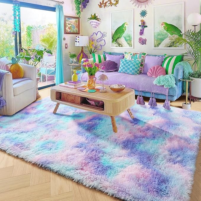 Amdrebio Purple Rainbow Mermaid Area Rugs 9x12 for Girls Bedroom Decor Aesthetic, Plush Fluffy Kawaii Large Big Rugs for Kids Room Nursery Playroom, Cute Stitch Frozen Fuzzy Furry Baby Toddler Carpet