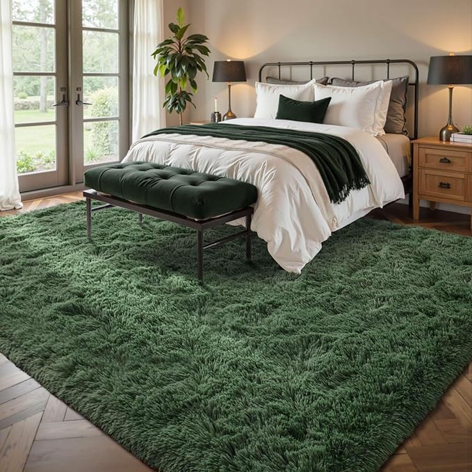 8x10 Area Rugs for Living Room Green Fluffy Shag Rug,Plush Bedroom Grass Carpet for Kids Teens Indoor Classroom Home Decor Aesthetic