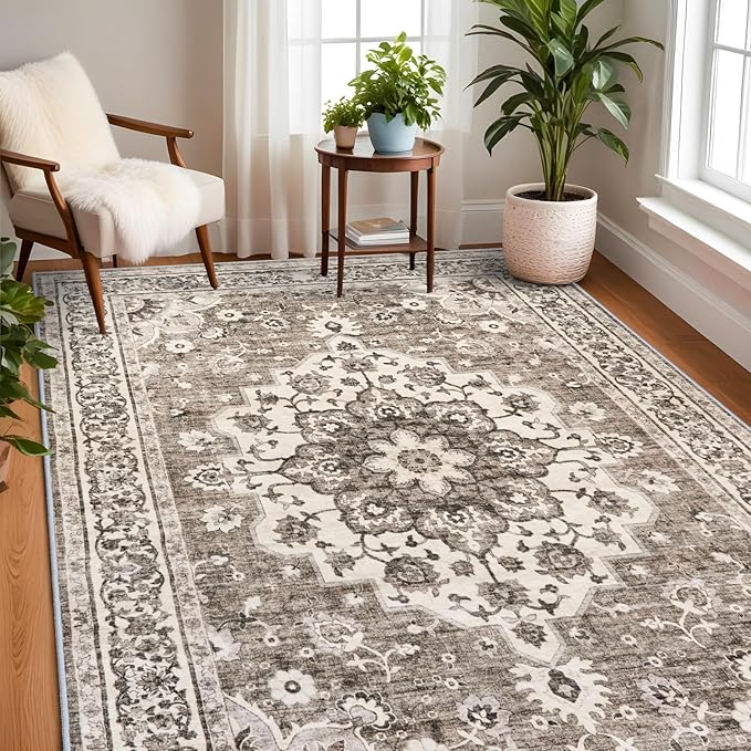TOPRUUG Washable Oriental Area Rug - 7x9 Rugs for Living Room Soft Carpet for Bedroom Waterproof Floral Distressed Indoor Stain Resistant Non-Shedding Floor Carpets (Beige, 7x9)